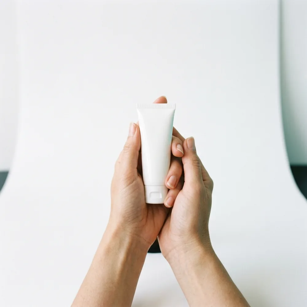 A pair of hands holding a small white tube product on a soft white background